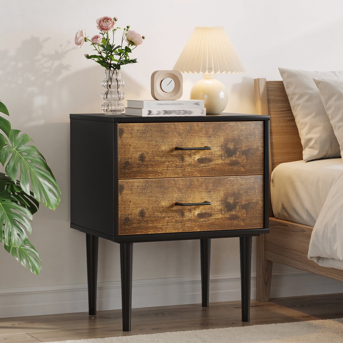 MODFU - Bedtafel - Retro - Industrieel - Twee Lades - Antiek Bruin - Zwart