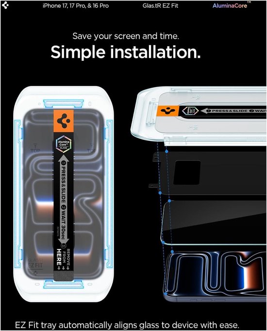 Spigen EZ Fit tray voor gemakkelijke installatie van beschermglas op iPhone.