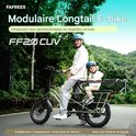 Groene Fafrees longtail e-bike met vader en kind, 'Modulaire Longtail E-bike' tekst.