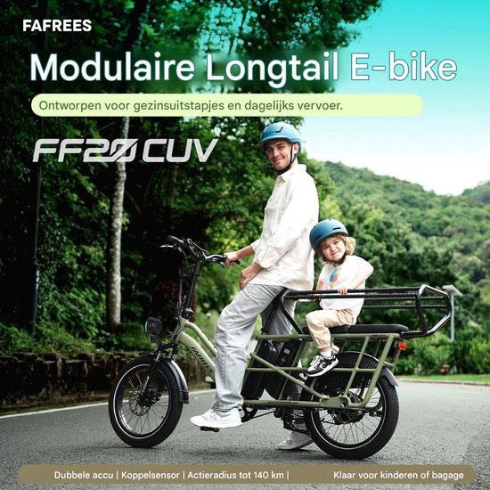 Groene Fafrees longtail e-bike met vader en kind, 'Modulaire Longtail E-bike' tekst.