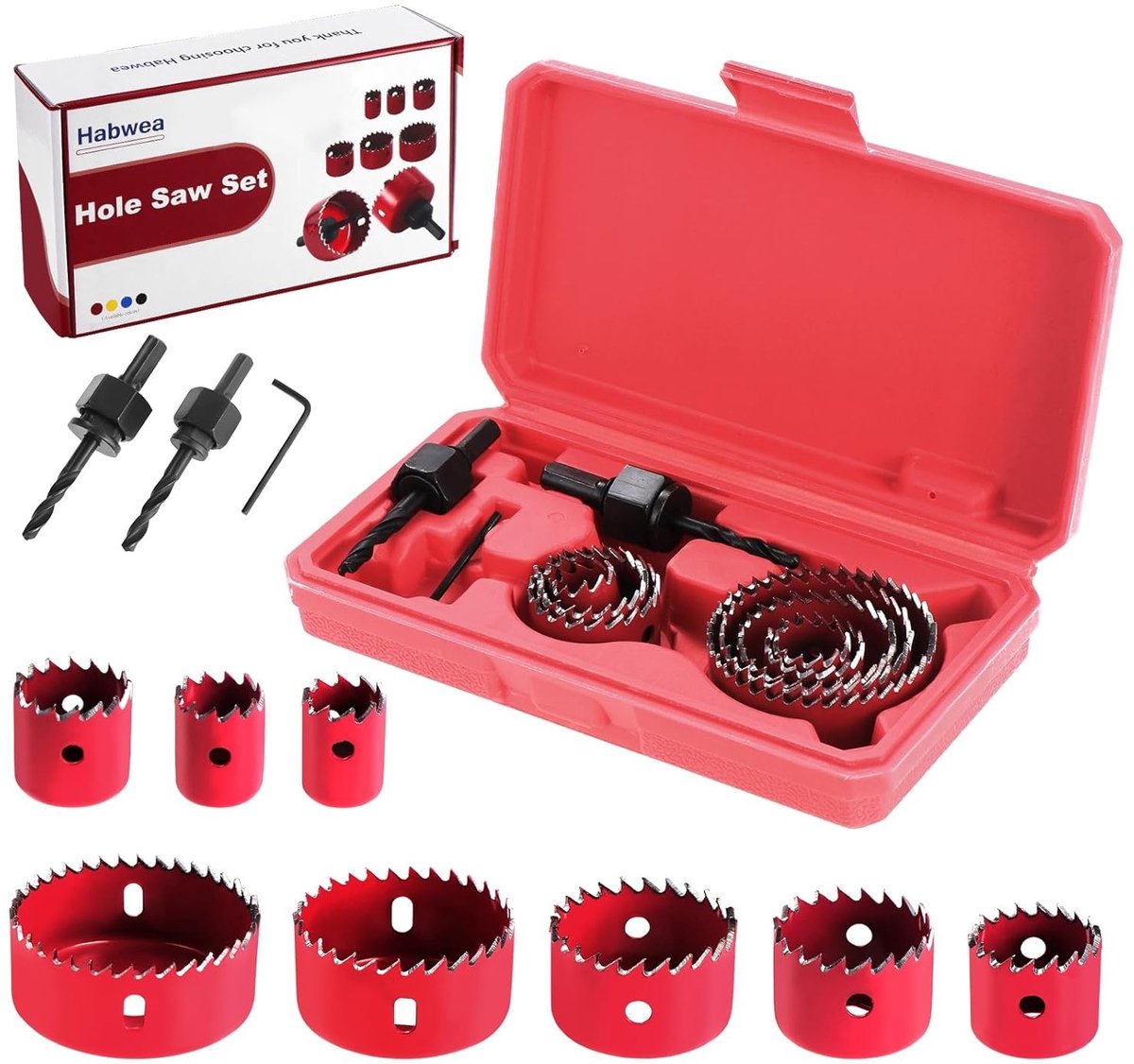 Complete Holzaag Set van 11 Stukken, 19-64 mm, Voor Houtbewerking, Carbon Staal, Inclusief Opbergtas en Accessoires