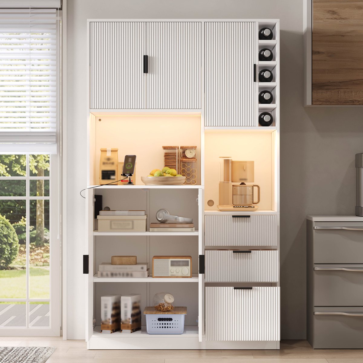 MODFU - Keukenkast - Hoge Opbergkast - Verstelbare Planken - 3 Lades - Wit