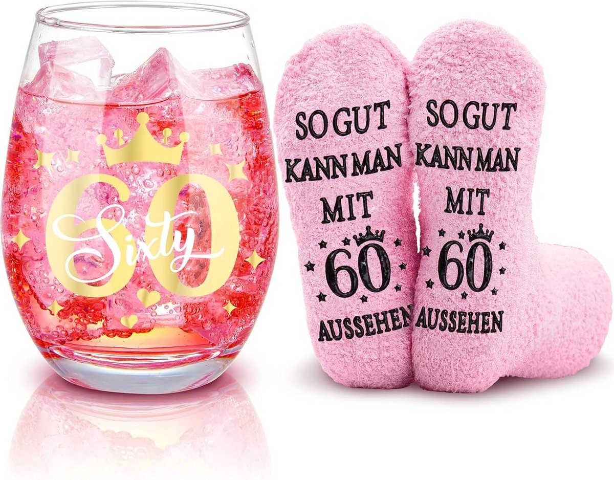 Leuke 60e Verjaardag Cadeauset voor Vrouwen - Inclusief Rode Wijnglazen en Sokken voor Moeder of Grootmoeder