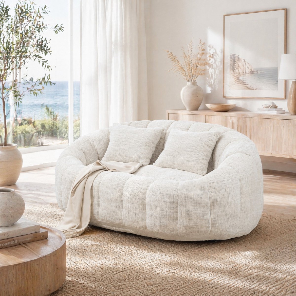 DESMIU Zitzak 145 x 95 x 63 cm - Hoge Rugleuning Met Armleuningen En Traagschuim - Voor Woonkamer En Slaapkamer - Chenille Beige