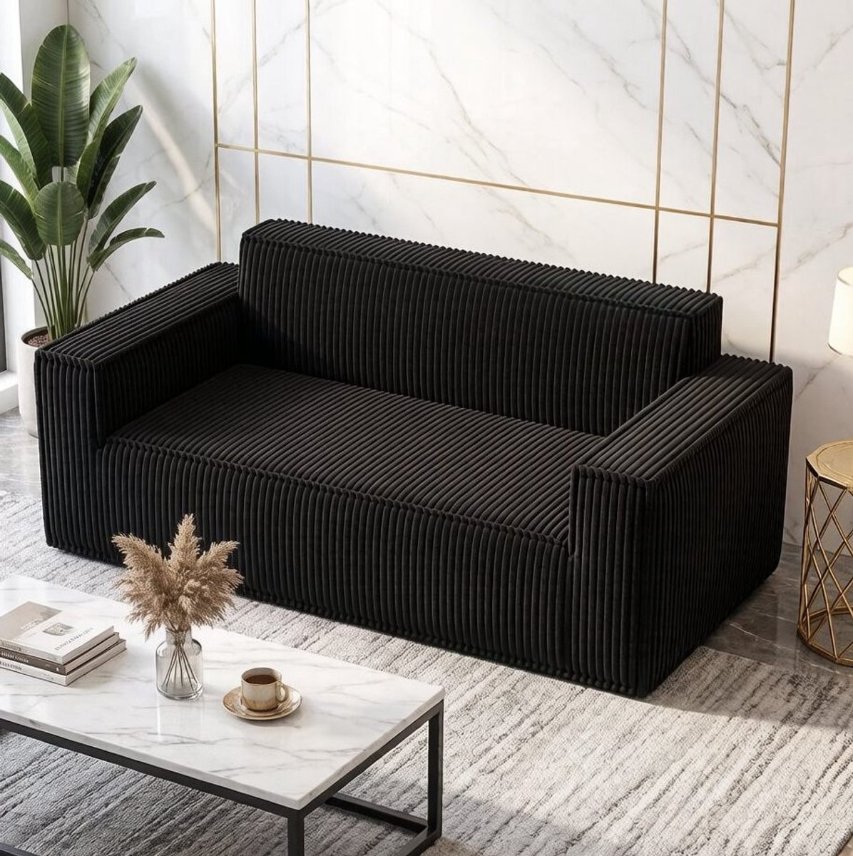 MIVRAY Zitbank - Diepe 2-Zits Bank - Voor Woonkamer, Appartement En Kantoor - Corduroy Stof - Zwart Black