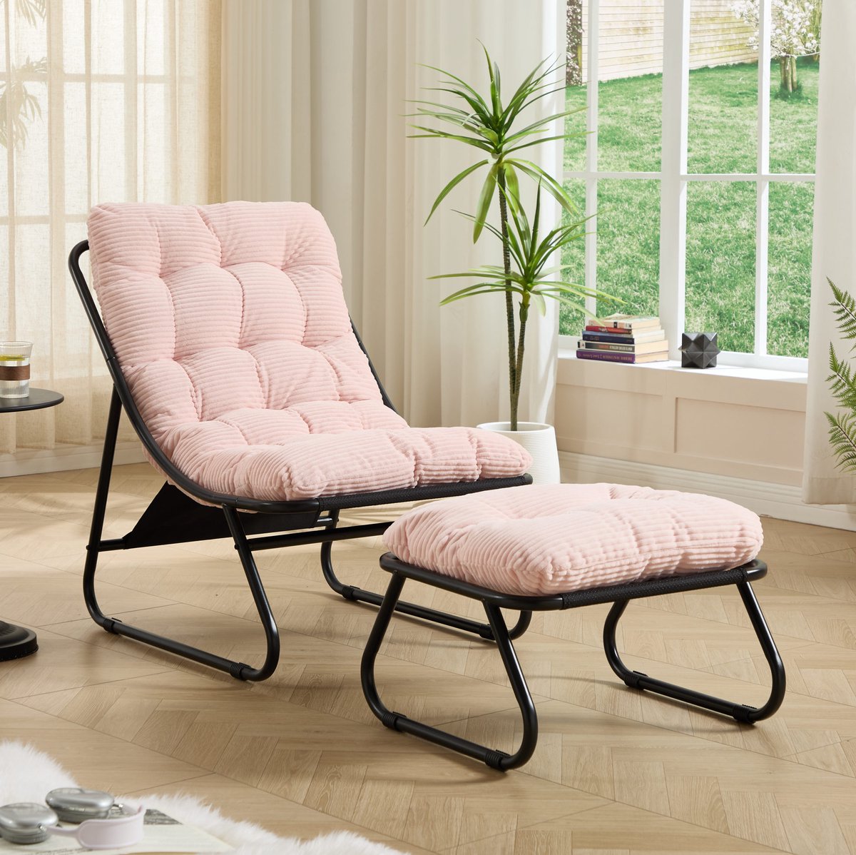DESMIU Fauteuil 65 X 78 X 86 Cm - Met Hocker En Zacht Ribstof Kussen - Voor Woonkamer Slaapkamer En Buiten - Staal En Stof - Roze
