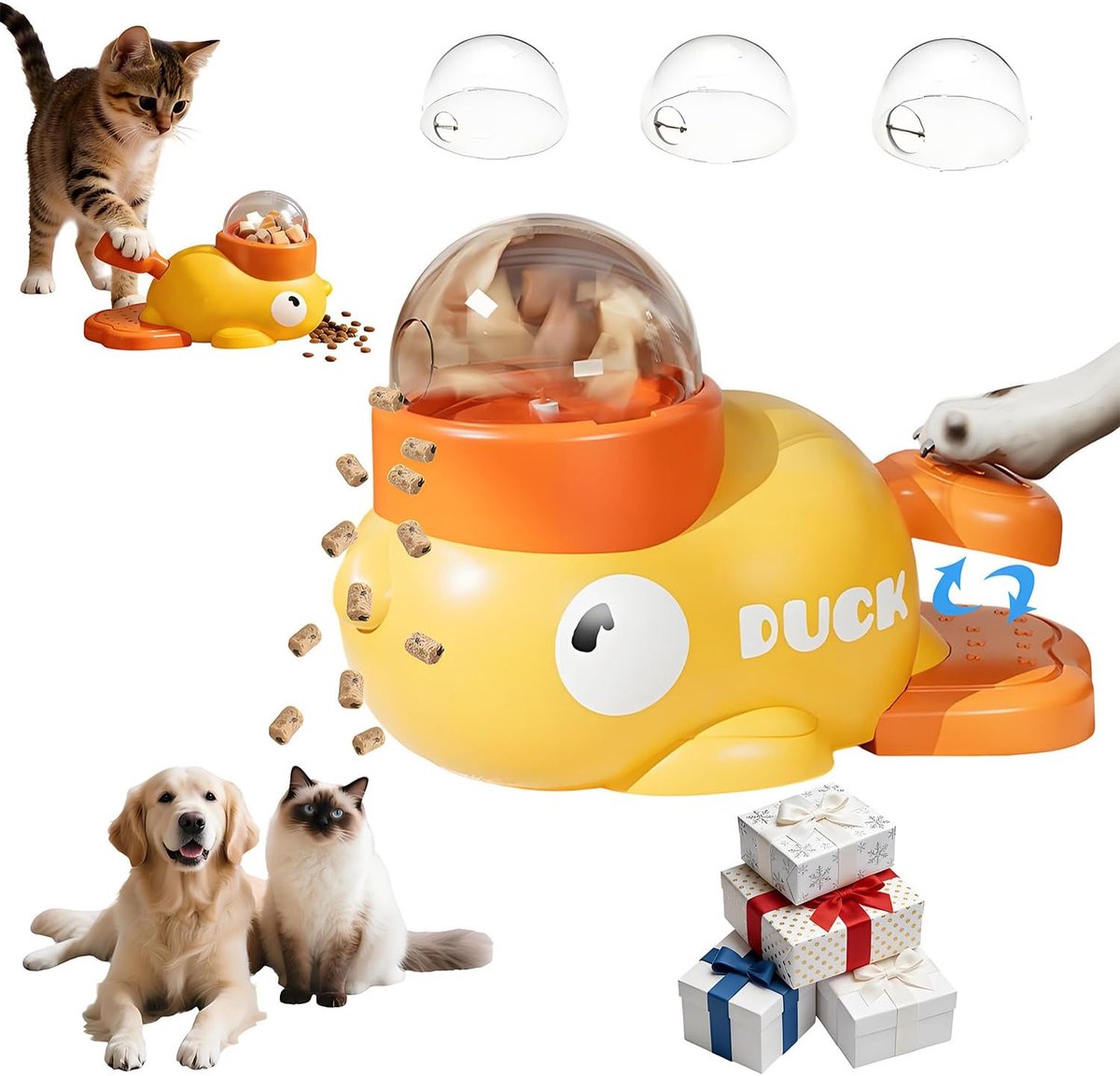 kattenspeelgoed - Voerautomaat - Voerdispenser - Snack dispensers - Hondenspeelgoed - snackdispenser voor huisdieren - Voedselpuzzel Slow Feeder - 2-in-1 duurzaam - voor katten en honden, slim puzzelspeelgoed voor mentale stimulatie - Geel