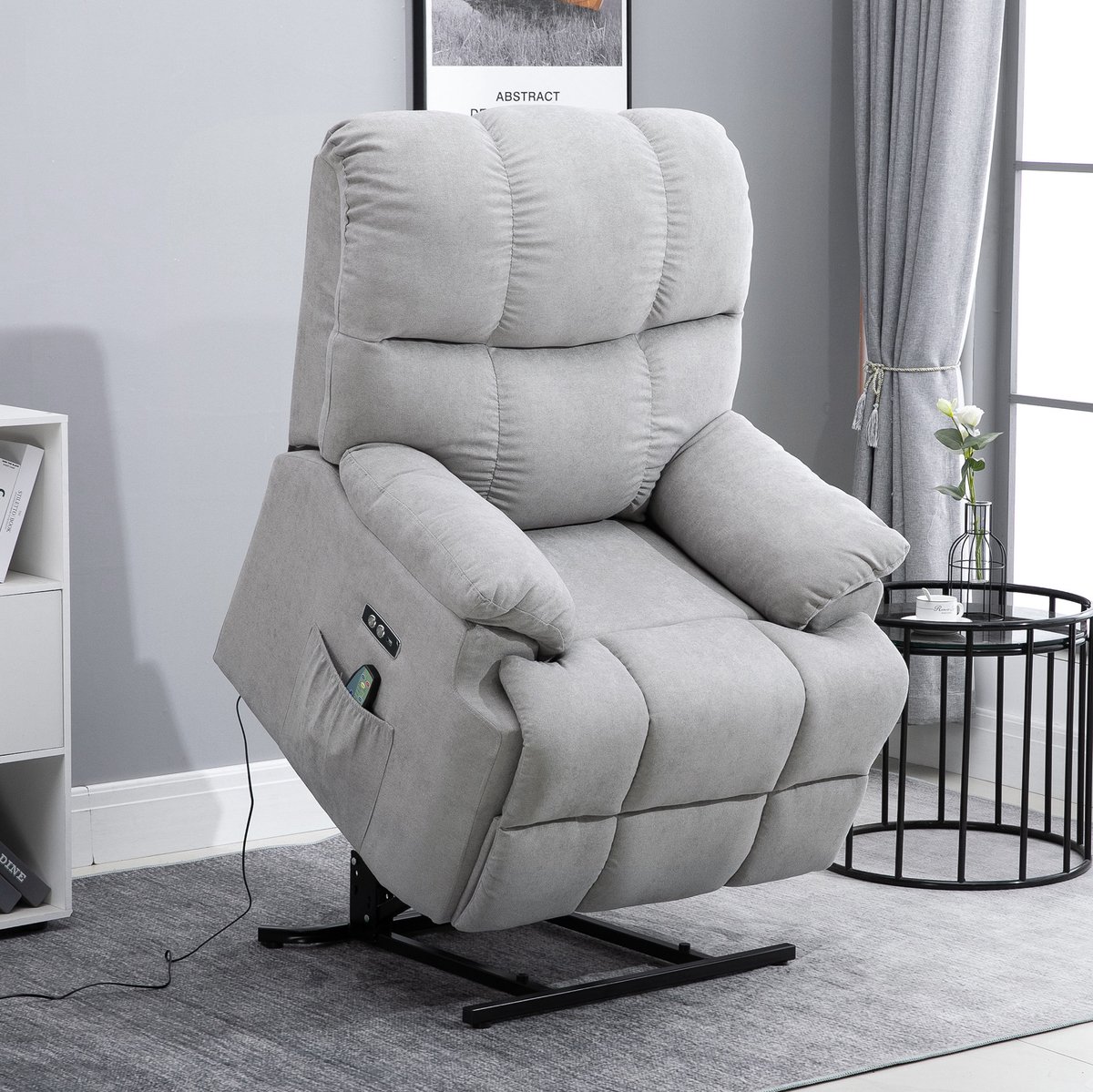FloraGrace Massagesstoel Met Opsta Functie - Elektrisch Verstelbare Relaxfauteuil Met 160 Graden Ligstand, Warmte En USB Voor Woonkamer - Polyester - Grijs
