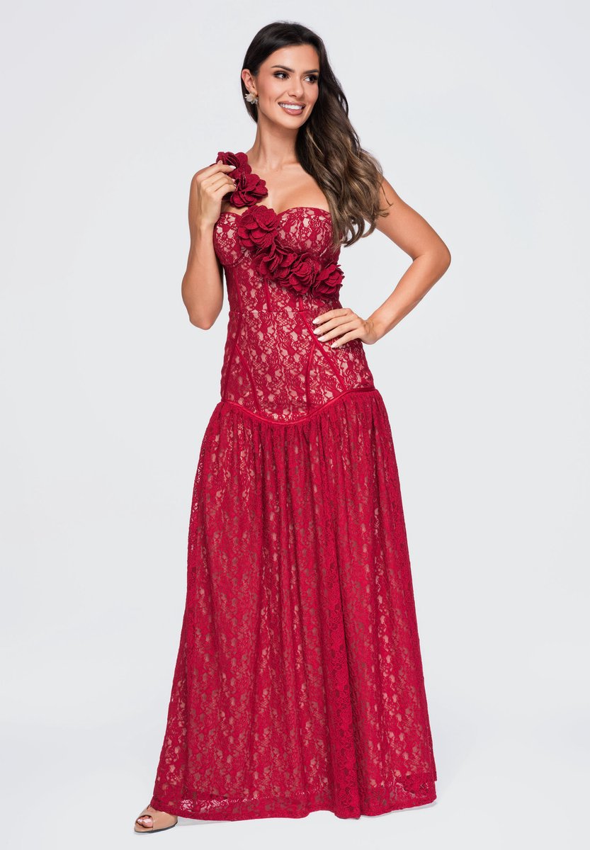 LARICA Jurk - Strapless - Rits - Gebloemd Bordeaux M