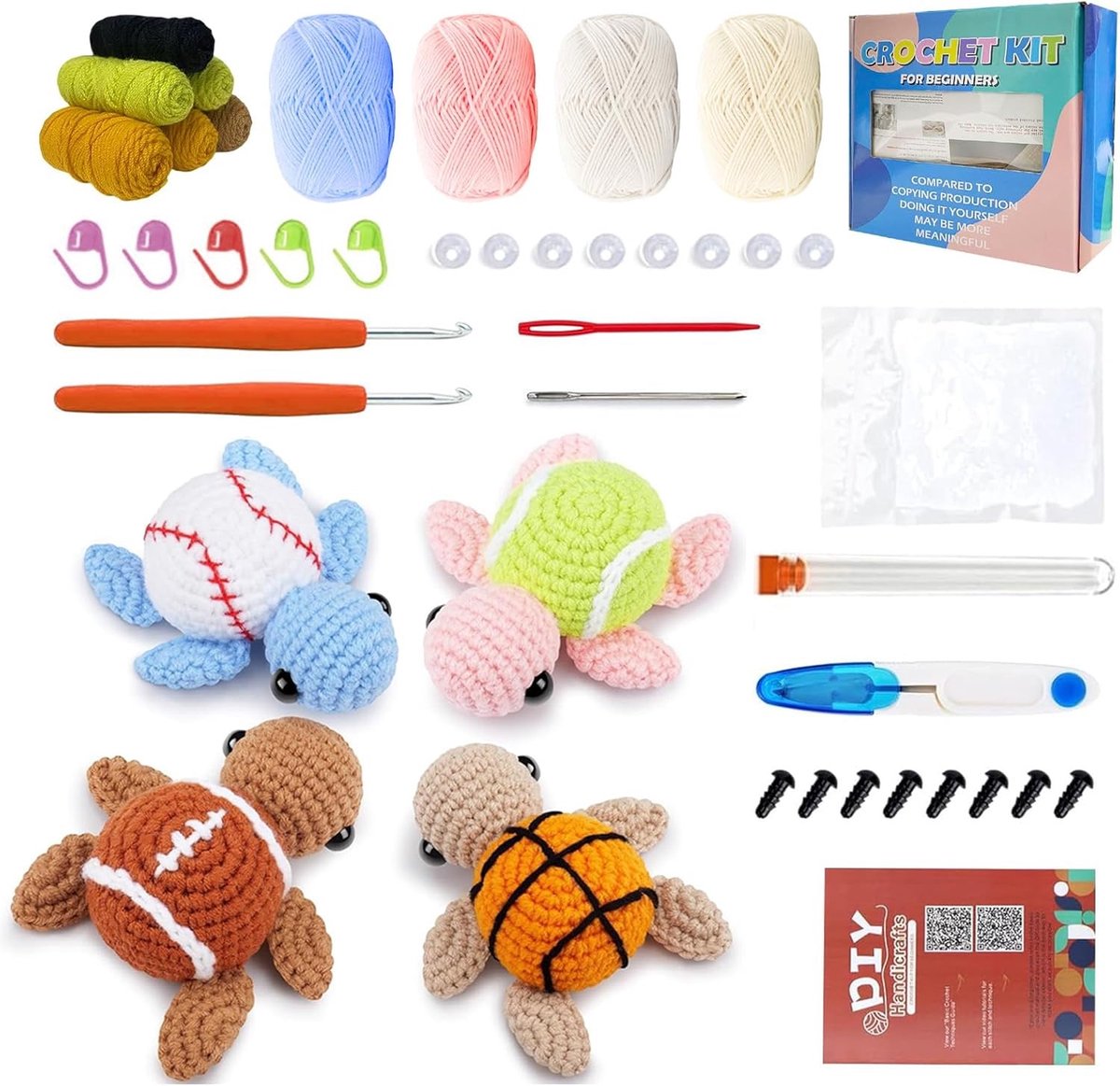 Beginner Haakset voor Amigurumi, Dieren Haakprojecten met Stapsgewijze Video, Drie Schattige Katten, Perfect voor Beginners en Creatieve Hobbyisten, Inclusief Schildpad Familie