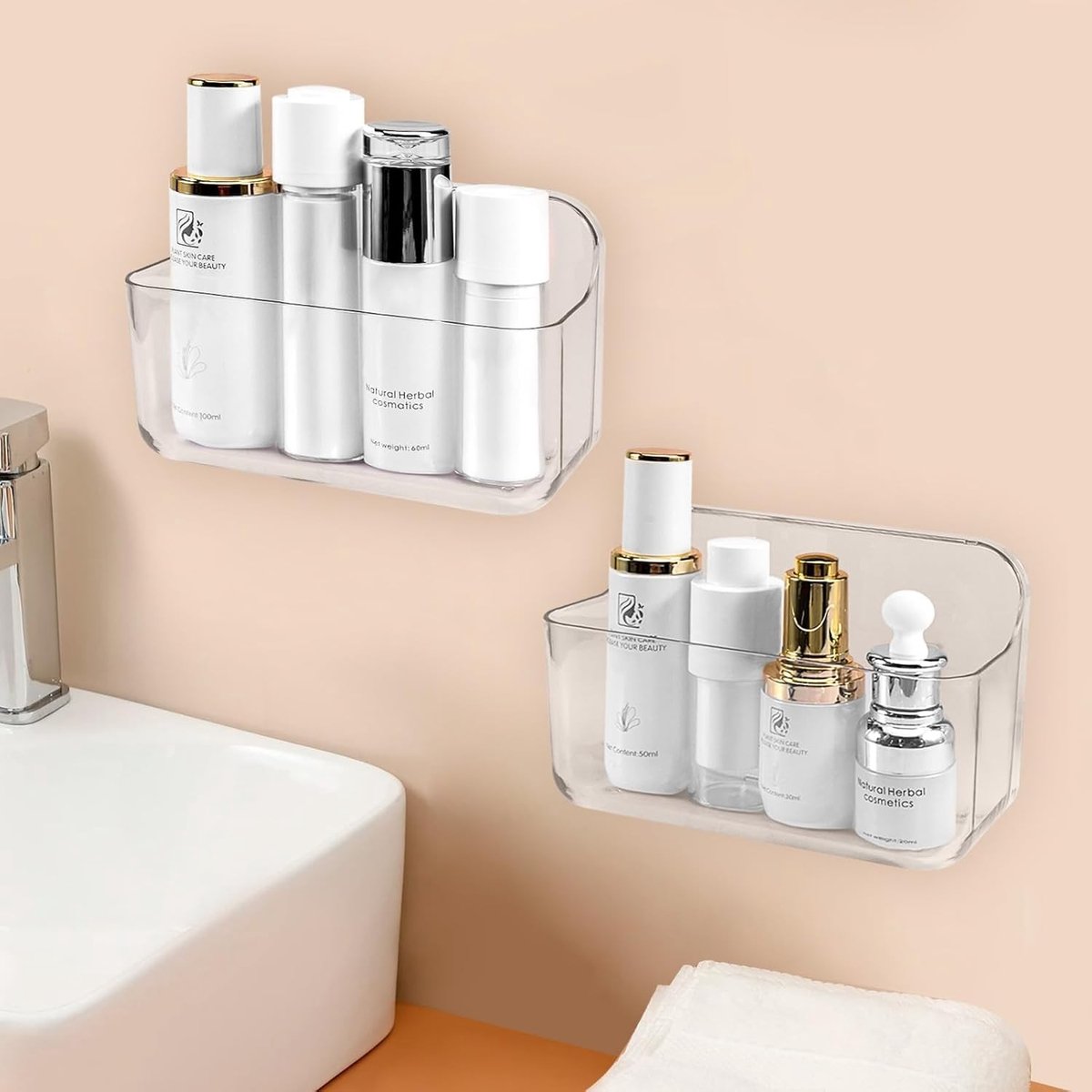 Badkamer Organizer Set van 2, Muurbevestigde Doucheplanken zonder Boren, Zelfklevende Plastic Rekken voor Shampoo en Douchegel, Ideaal voor Badkamer en Keuken