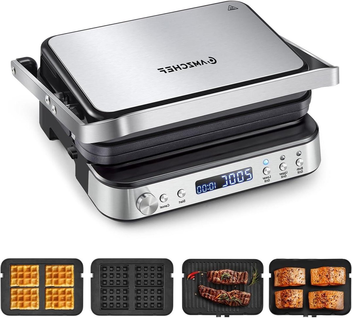 Multifunctionele Grill - Contactgrill Wafelijzer - Veelzijdig Koken - 4 Afneembare Platen - 2000 Watt - Zwart Zilver