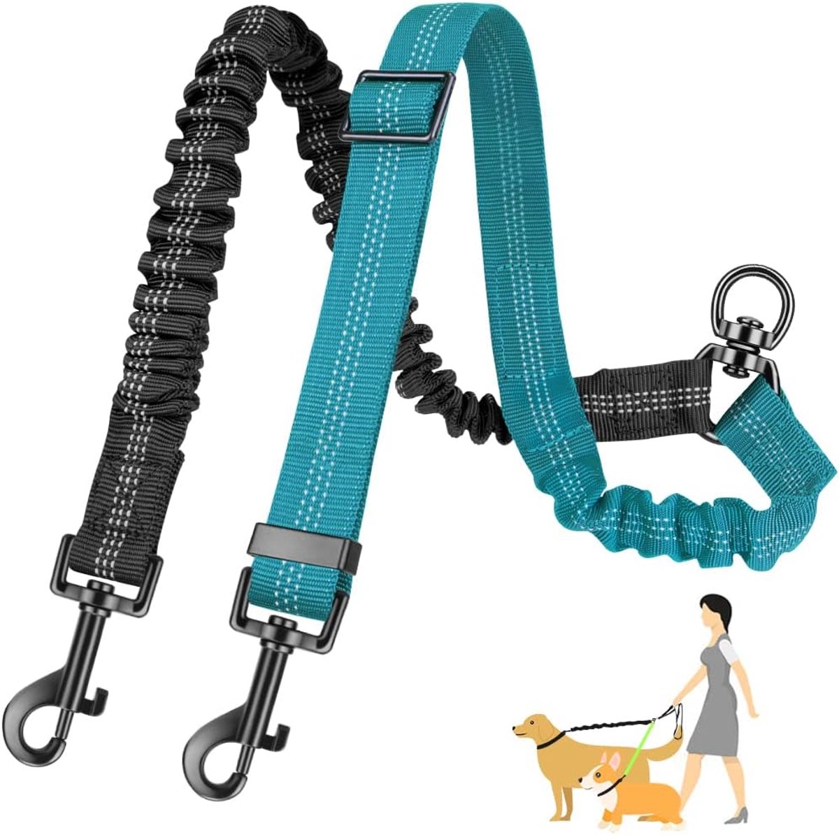 Dubbele Hondenriem – Verstrikvrije 360° draaibare dubbele riem voor 2 honden – Verstelbare reflecterende splitsriem voor kleine, middelgrote en grote honden