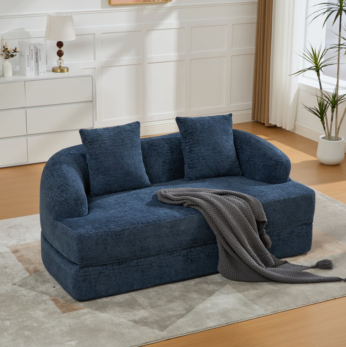 MIVRAY Slaapbank 157 x 84 x 65 cm - Uitklapbare 2-Zits Bedbank Met 2 Kussens - Voor Woonkamer En Logeerkamer - Chenille Navy