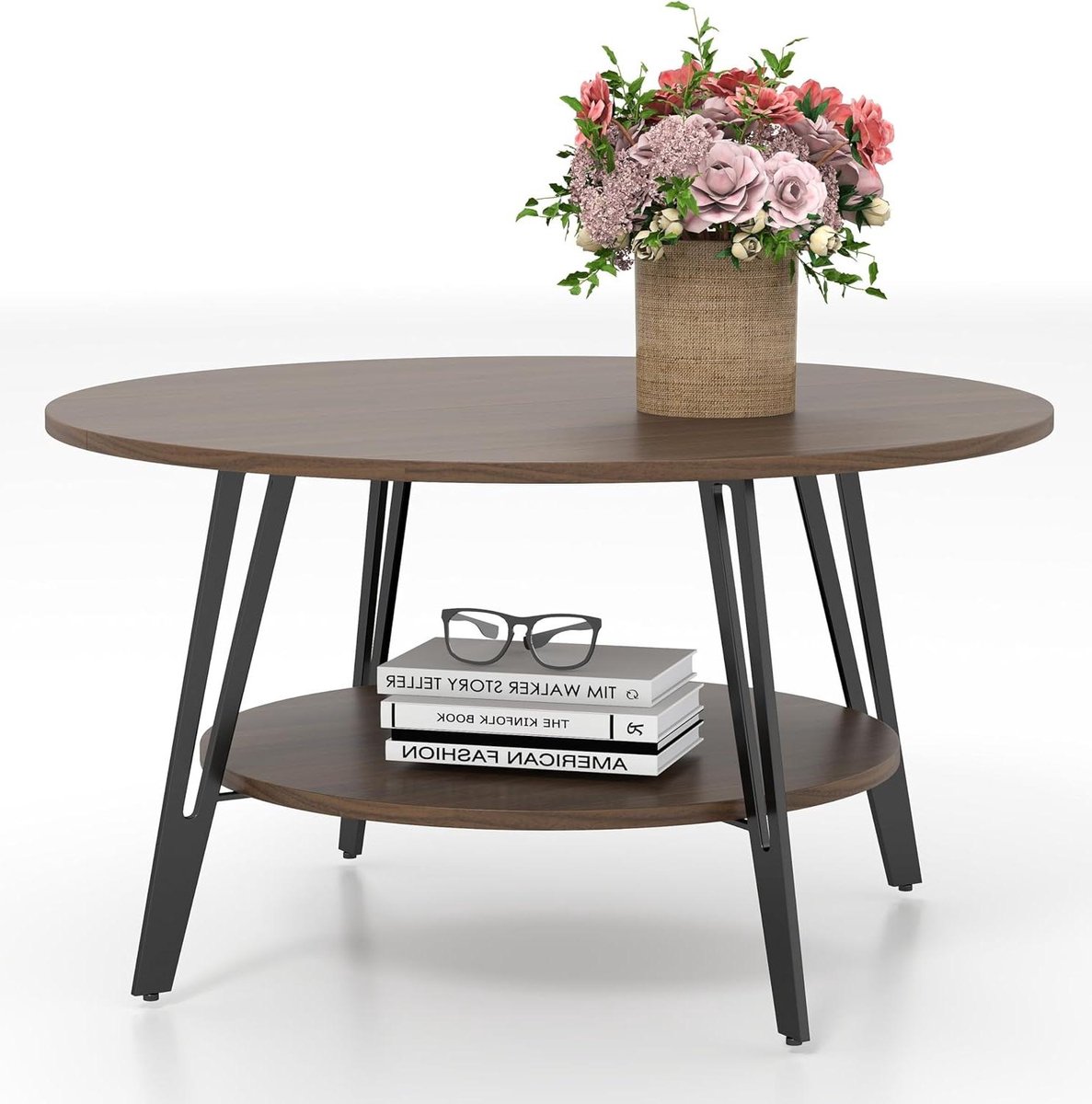 Ronde Salontafel - Bijzettafel Hout Metaal - Woonkamer Inrichten - Tweetraps Design - Ø 78 cm - Bruin