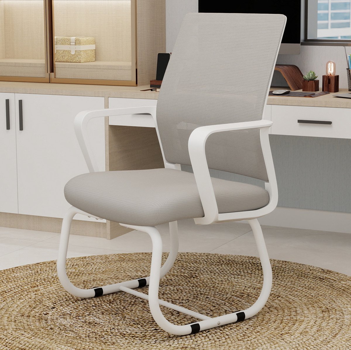 DESMIU Bureaustoel 55 x 45 x 90 cm - Mesh Rugleuning Met Vaste Armleuningen - Voor Kantoor En Thuis - Metaal En Mesh - Grijs Wit