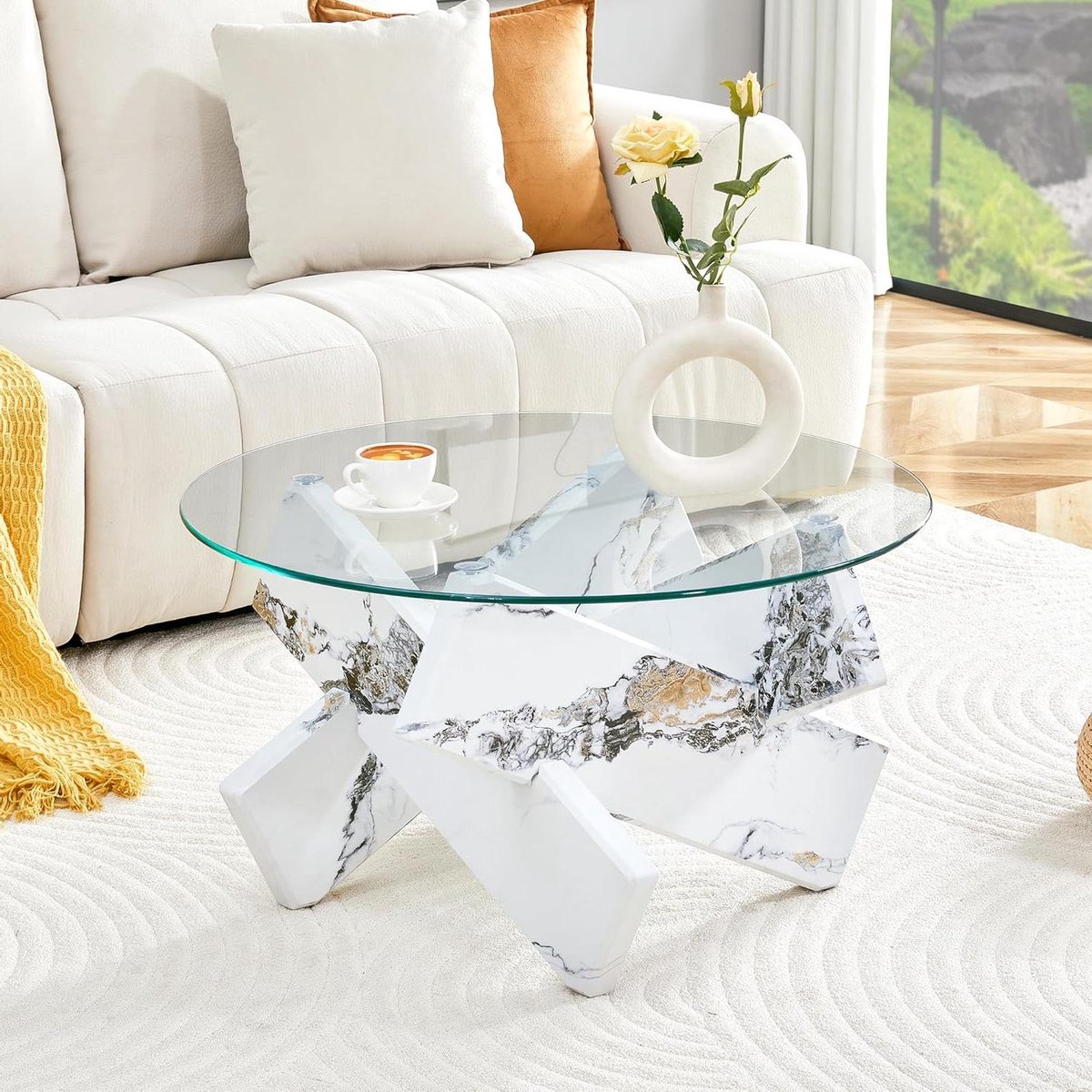 Ronde Salontafel - Woonkamertafel Glas - Ontspannen in de woonkamer - Stabiel kruisdesign - 79 cm diameter - Wit
