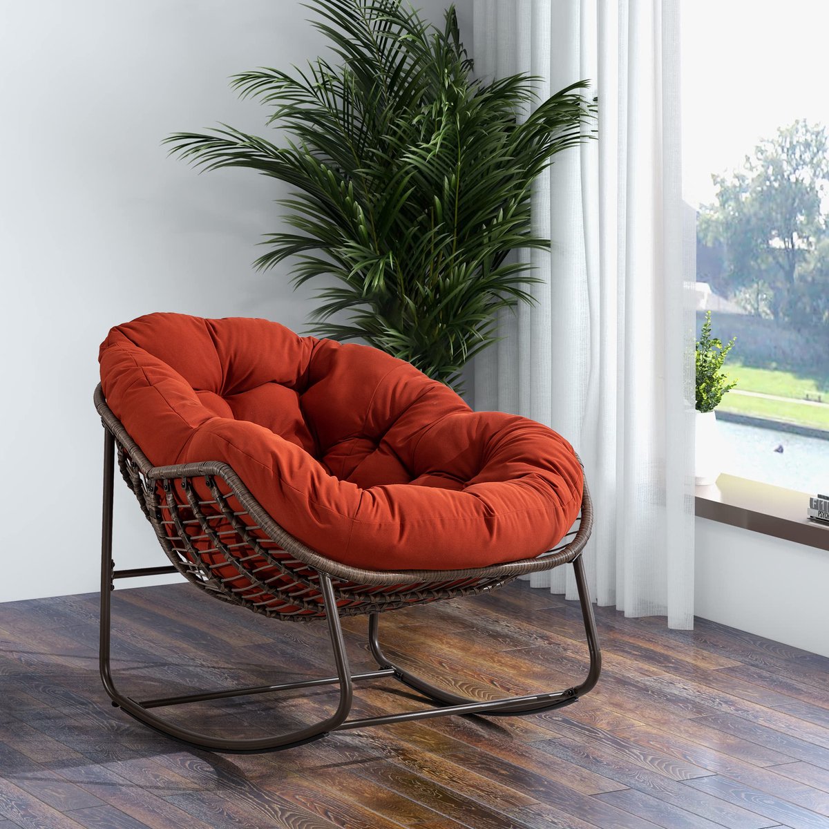 FloraGrace Schommelstoel 78 x 106 x 90 cm - Handgeweven Rotanlook Met Kussen En Ergonomisch Gebogen Vorm - Voor Tuin, Terras Of Woonkamer - Staal - Oranje
