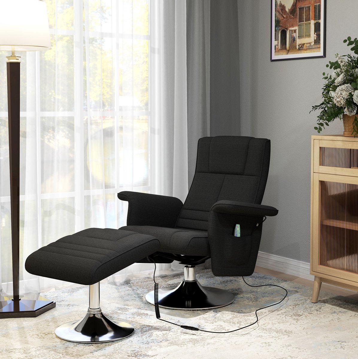 MIVRAY Fauteuil 78 x 95 x 88 cm - Elektrische Relaxfauteuil Met 8-Punts Vibratiemassage En Hocker - Voor Woonkamer - Stof Zwart