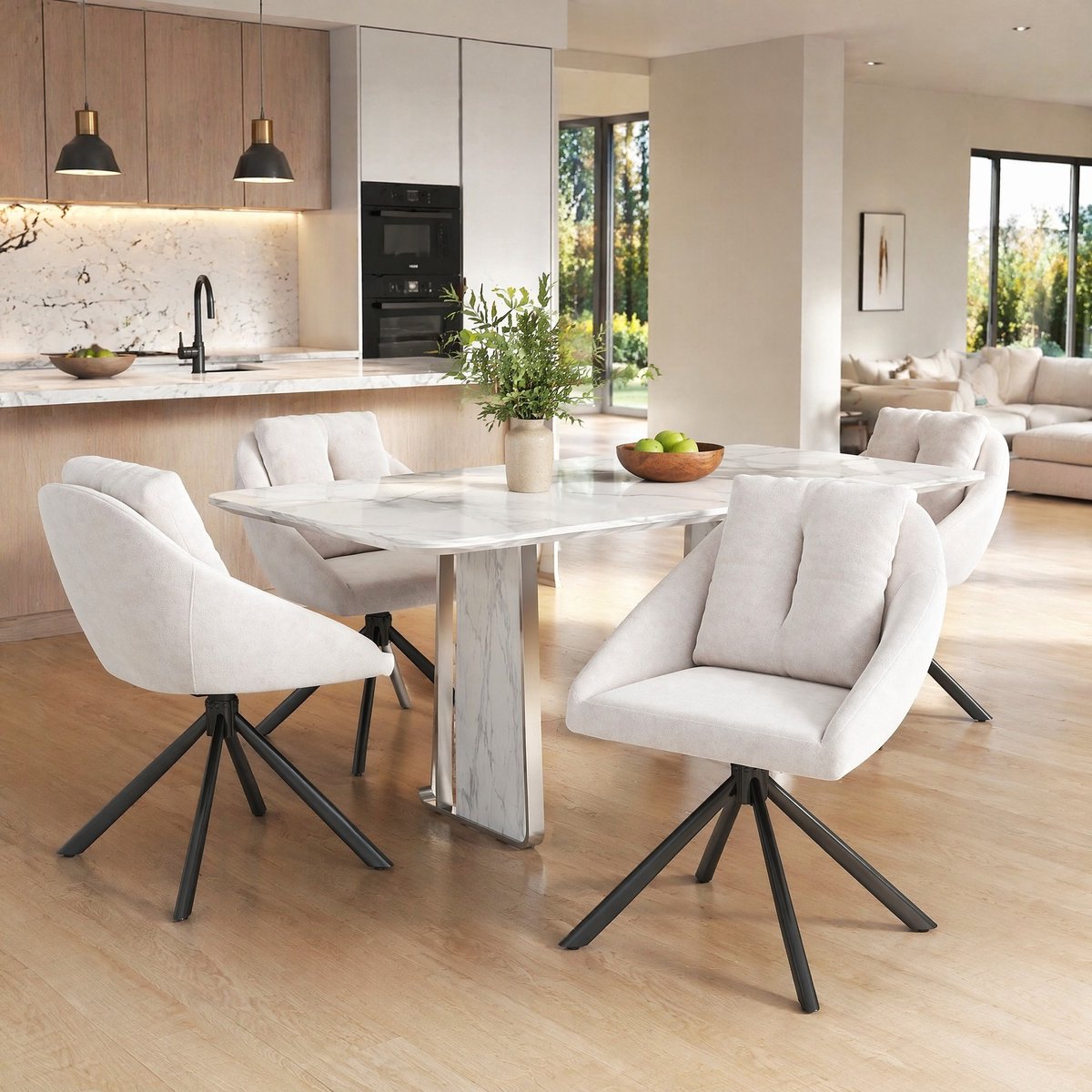 FloraGrace Eetkamerstoel – Draaibaar En Ergonomisch – Set Van 4 – Velvet – Met Armleuningen En Metalen Onderstel – Beige