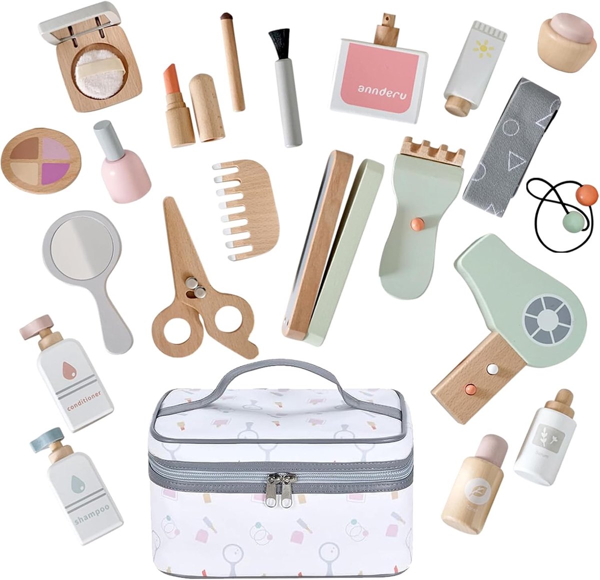 SnelShoppen - Houten schmink-speelset voor meisjes | 23-delig make-up speelgoed voor rollenspel, make-upkoffer voor kinderen vanaf 3 jaar, ideaal cade