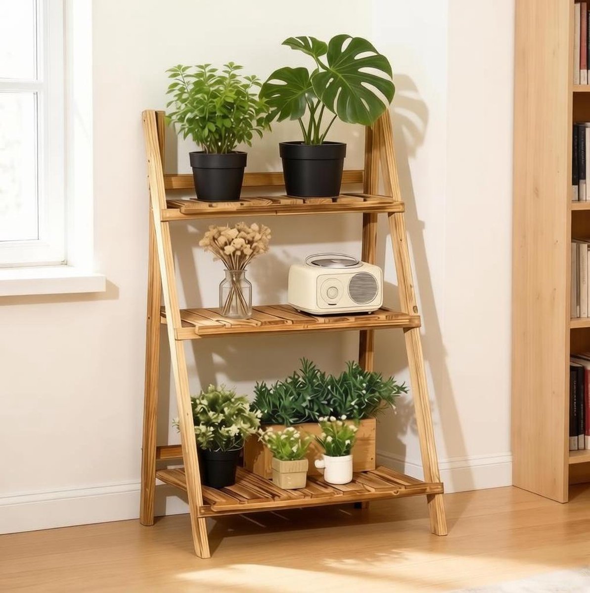 MIVRAY Plantenrek – 60 x 37 x 93 cm – Vouwbaar 3-Laags Ontwerp – Vurenhout – Bruin – Voor Binnen en Buiten – Met Schuine Planken