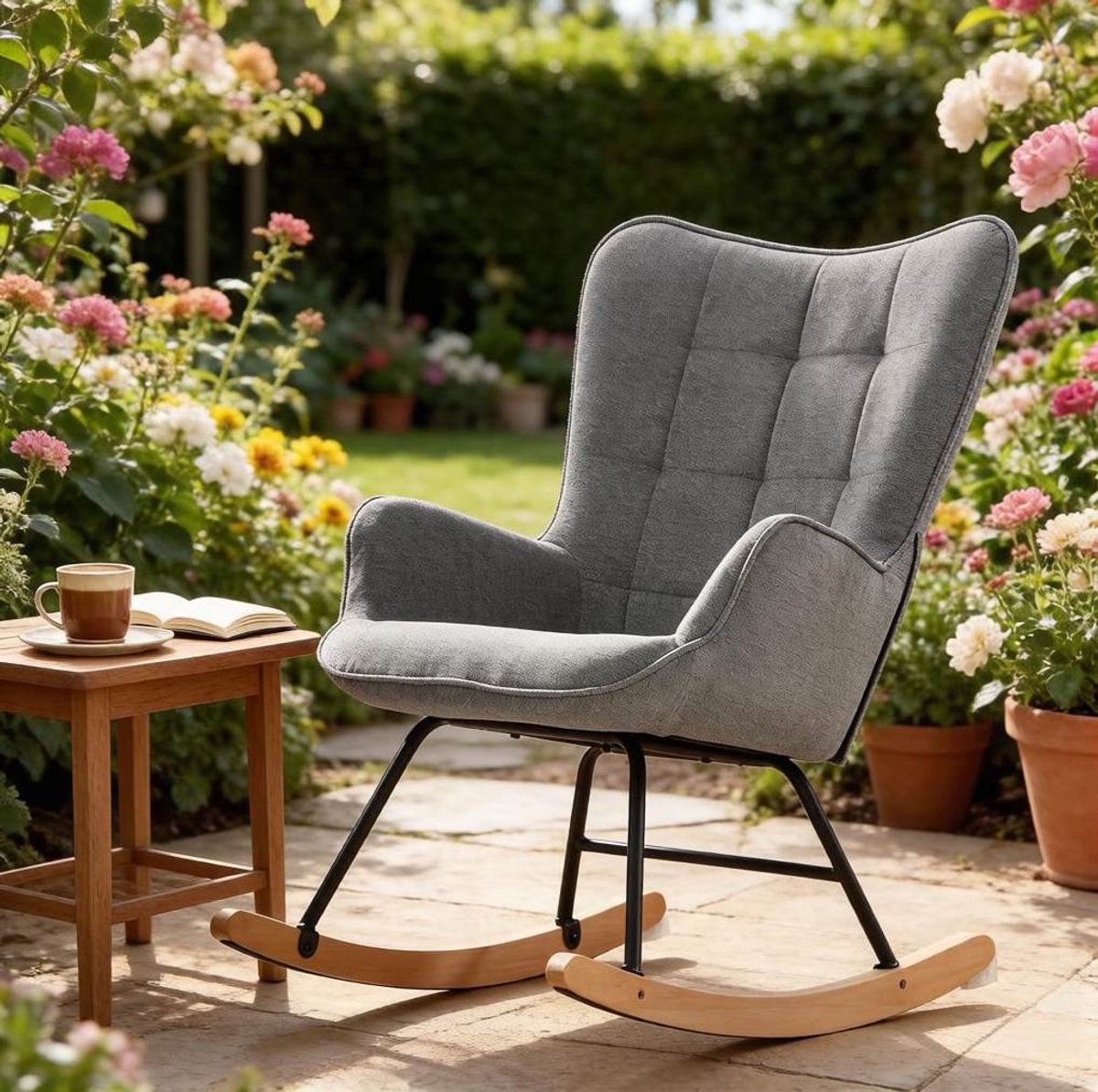 MIVRAY Schommelstoel 67,5 cm - Ergonomische Fauteuil Met Hoge Rugleuning En Armleuningen - Voor Lezen En Ontspannen - Velvet Donkergrijs
