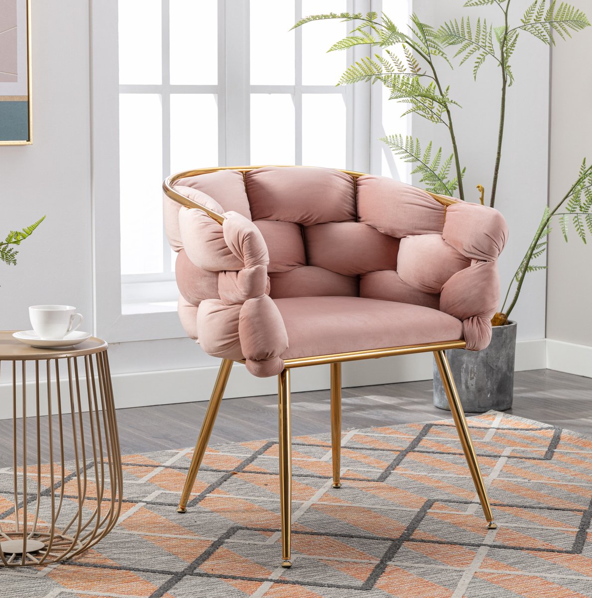 FloraGrace Fauteuil - Moderne 1-Zits Make-upstoel met Armleuningen - Fluweel en Metaal - Voor Slaapkamer, Woonkamer en Eetkamer - Roze