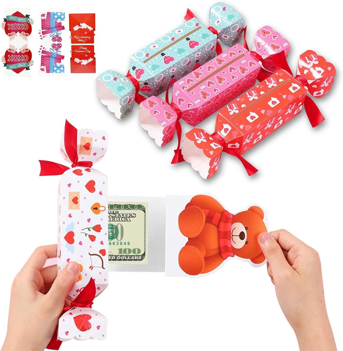 Grappige geldgeschenken voor Valentijnsdag - 4 stuks doe-het-zelf explosieboxen, romantische bonbonvormige geschenkverpakking en tafeldecoratie voor contant geld voor je vriendin