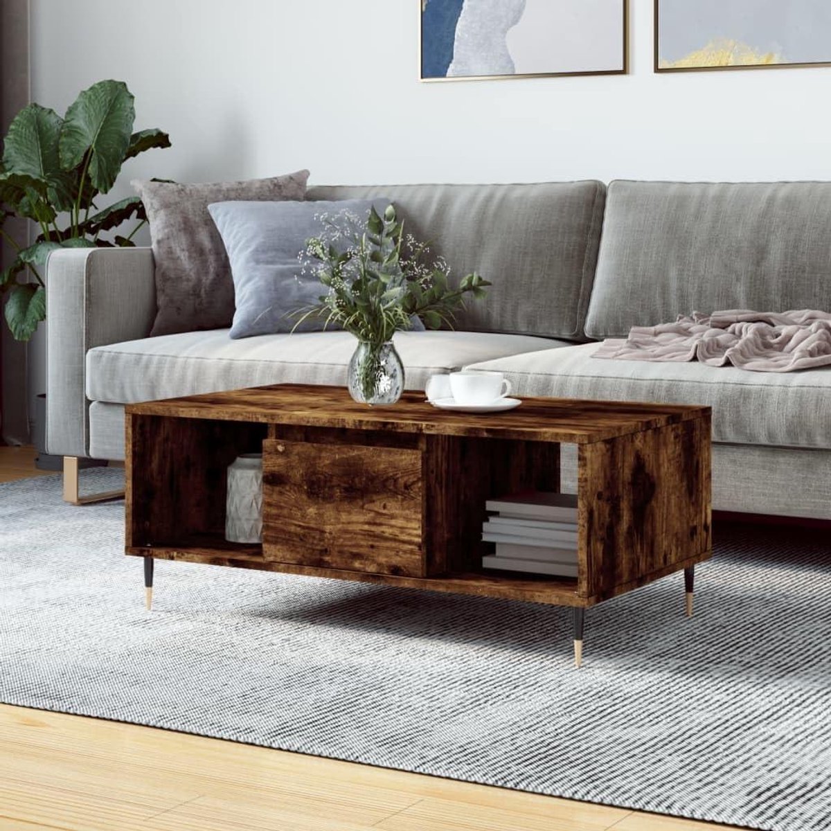 Koffietafel - Salontafel Bijzettafel - Woonkamer Decoratie - Met Lade Opbergruimte - 90 x 50 x 36.5 cm - Gerookte Eik