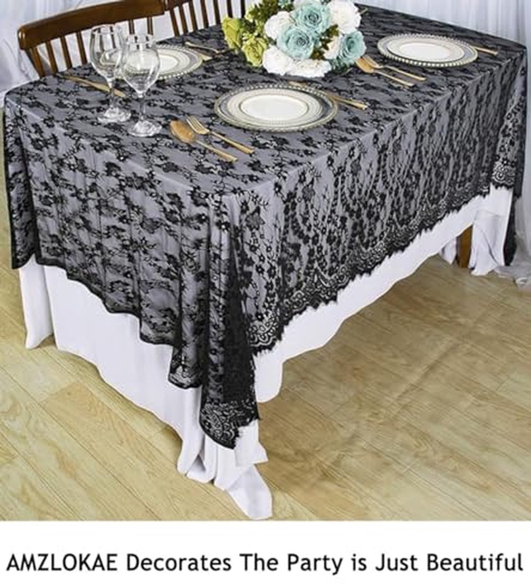 Kanten Tafelkleed - Tafel Runner Overlay - Feestdecoratie - Geborduurd Wimper Kant - 60x120 cm - Zwart