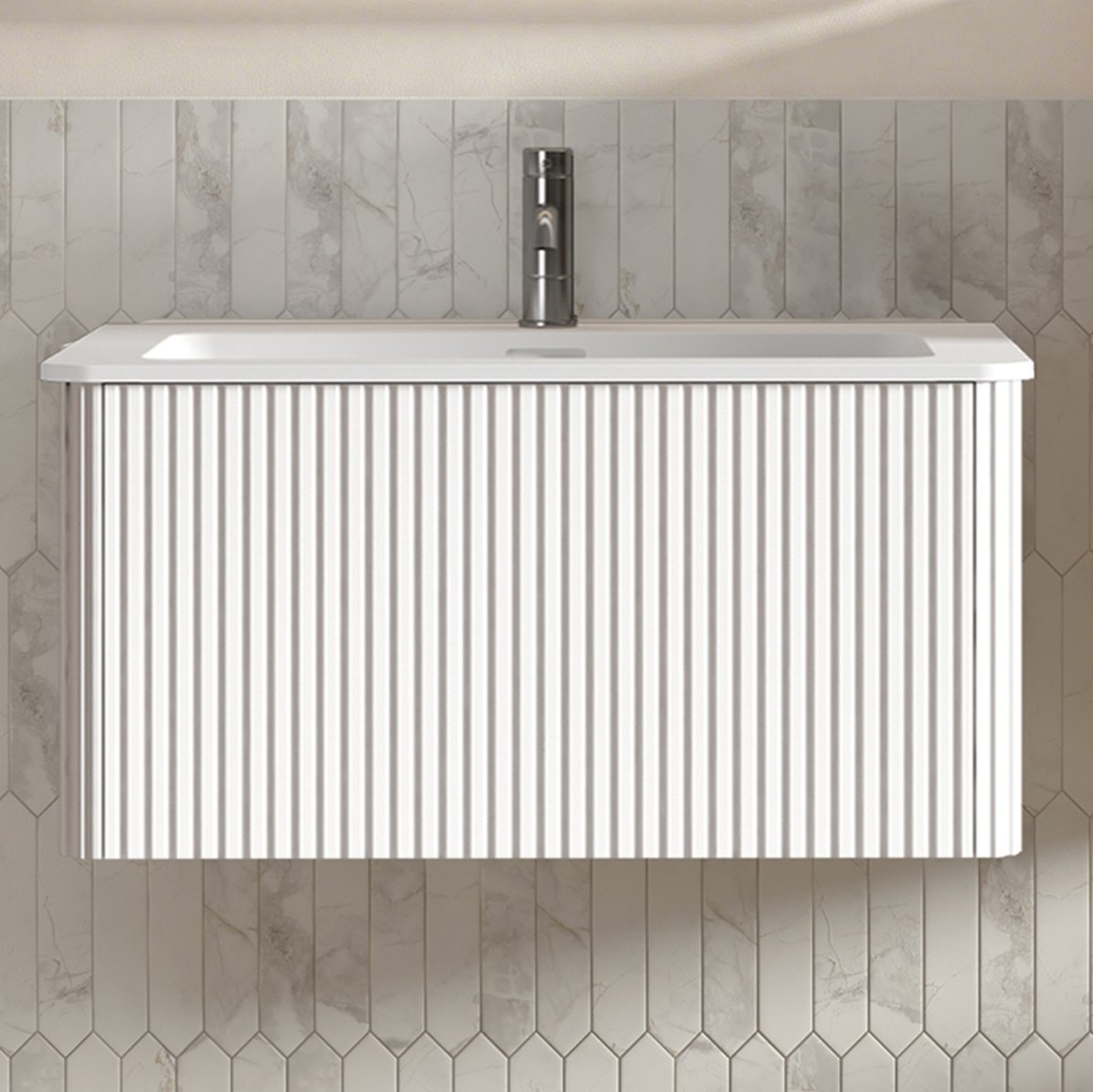 OKWISH Badkamermeubel - Wandhangend Wastafelmeubel Met Wastafel - 80 cm - Greeploze Lade En U-Uitsparing - Wit MDF