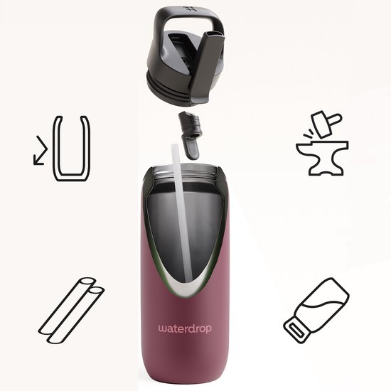 Bordeauxrode waterdrop drinkbeker met rietjesdeksel, gedemonteerd.