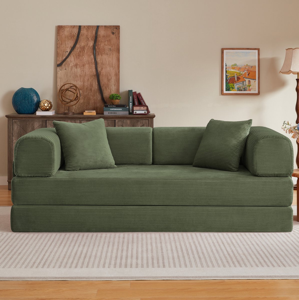 Wishdor - Slaapbank - 3-zits met 2 kussens - Uitklapbare sofa en logeerbed - Scandinavische stijl - Woonkamer of slaapkamer - Corduroy stof - Groen