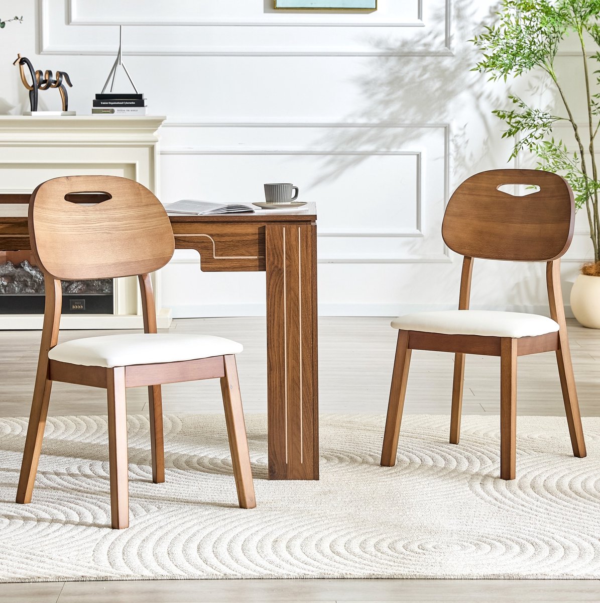 OKWISH Eetkamerstoel – Ovale Rugleuning Met Draaggreep – Set Van 2 – Hout En Kunstleer – Modern – Wit – Voor Eetkamer En Keuken