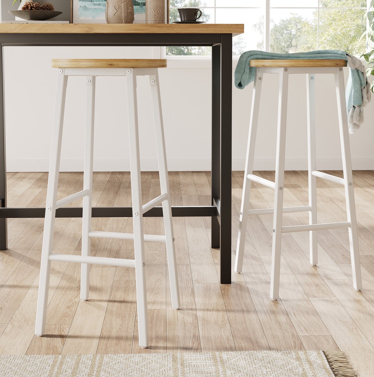 OKWISH Barkruk - 70 Cm - Set Van 2 Met Dubbele Voetsteunen En Verstelbare Poten - Voor Keukeneiland Of Bar - MDF En Metaal - Wit