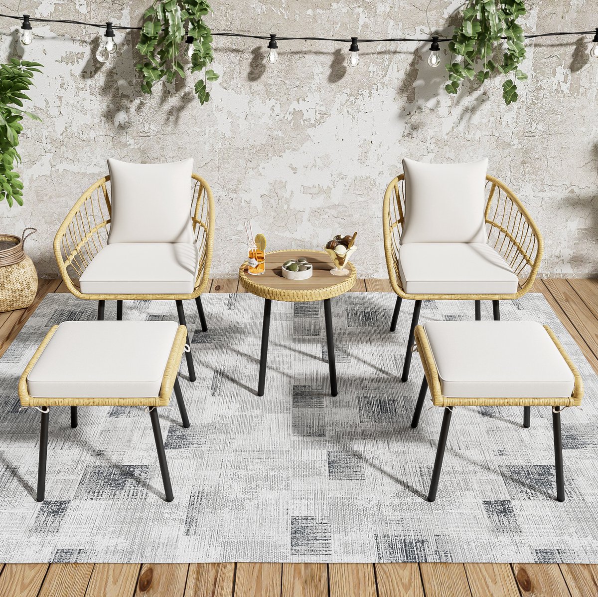 FloraGrace Loungeset - 5 Delige Dining Loungeset Met Tafel Stoelen En Hockers - Voor Tuin En Terras - Rotan Wit Naturel