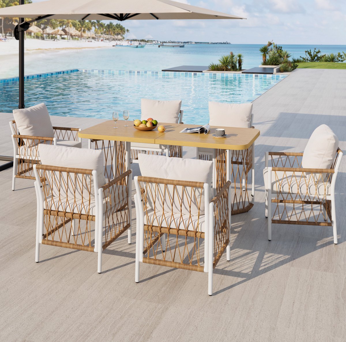 FloraGrace Tuinset - 6 Zitplaatsen Met Kussens En Houtlook Tafel - Voor Terras En Tuin - Metaal En Polyester - Beige Bruin Naturel