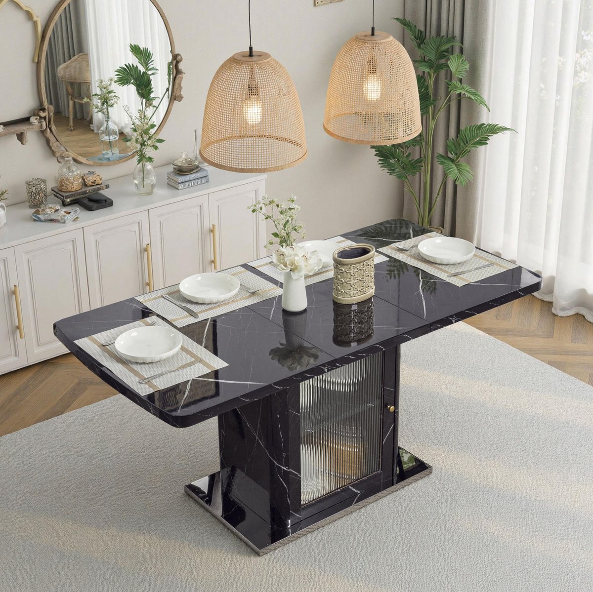 FloraGrace Eettafel - Uitschuifbaar Met Opbergkast En Marmerlook Blad - Modern Voor Eetkamer En Woonruimte - MDF Staal Glas - 120-160x80x76 Cm - Zwart