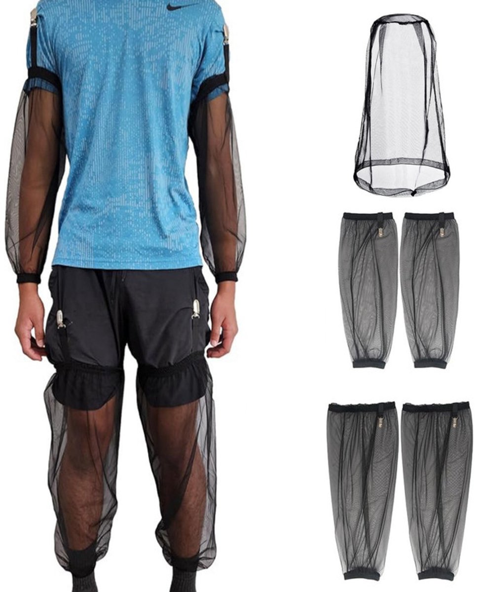 5-delige klamboeset – 1 hoofdnet + 2 armhoezen + 2 beenhoezen – Fijnmazig – Anti-muggenset voor buiten in de zomer – armhoezen – Beenhoezen voor kamperen en sporten – Anti-muggenhoed voor tuinieren en vissen – Geschikt voor kamperen, vissen en meer