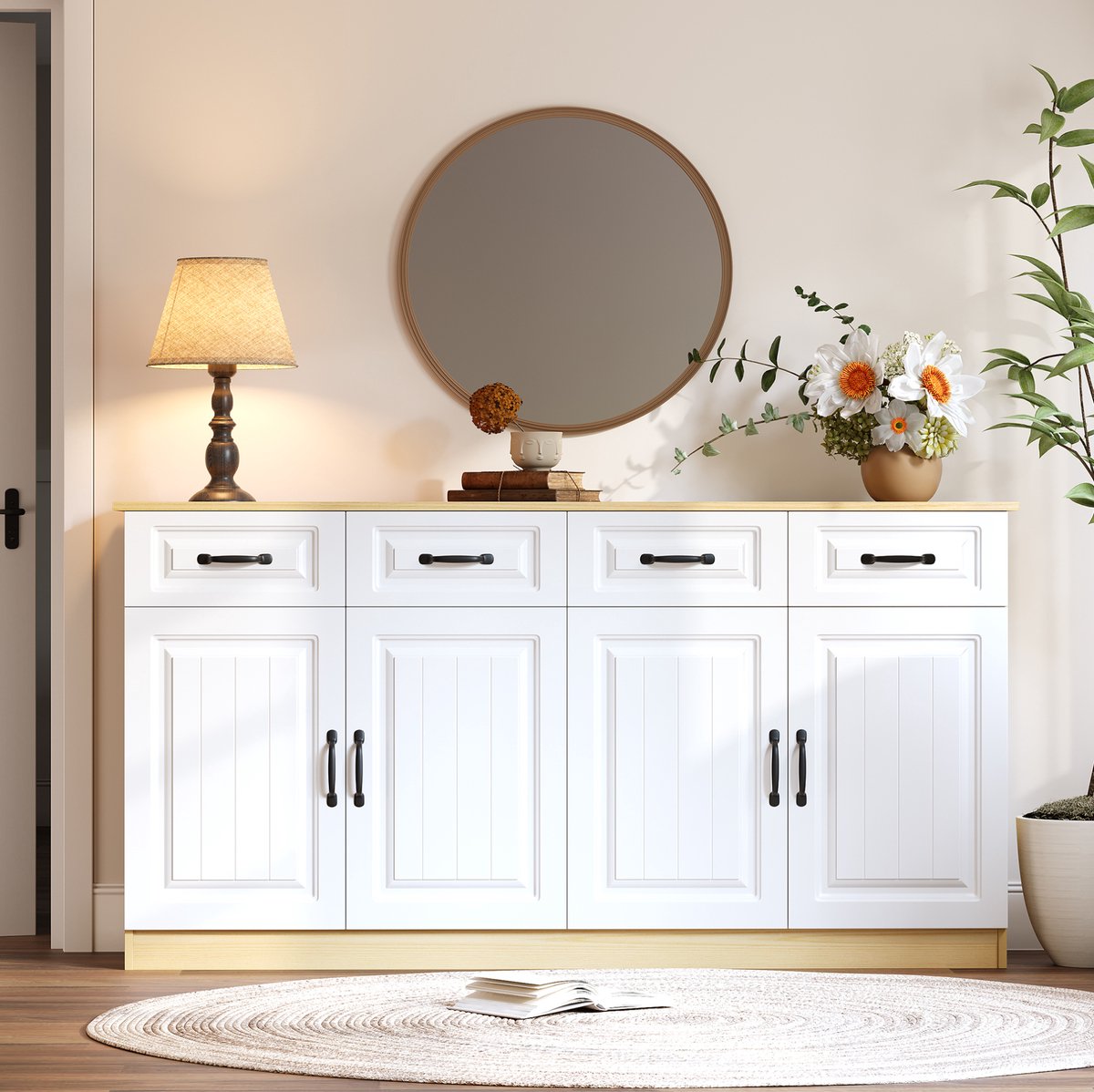 STILVORA Dressoir - 4 Laden En 4 Deuren Met Verstelbare Planken - Voor Woonkamer Slaapkamer En Keuken - MDF - 160x35x80 Cm - Wit;Naturel
