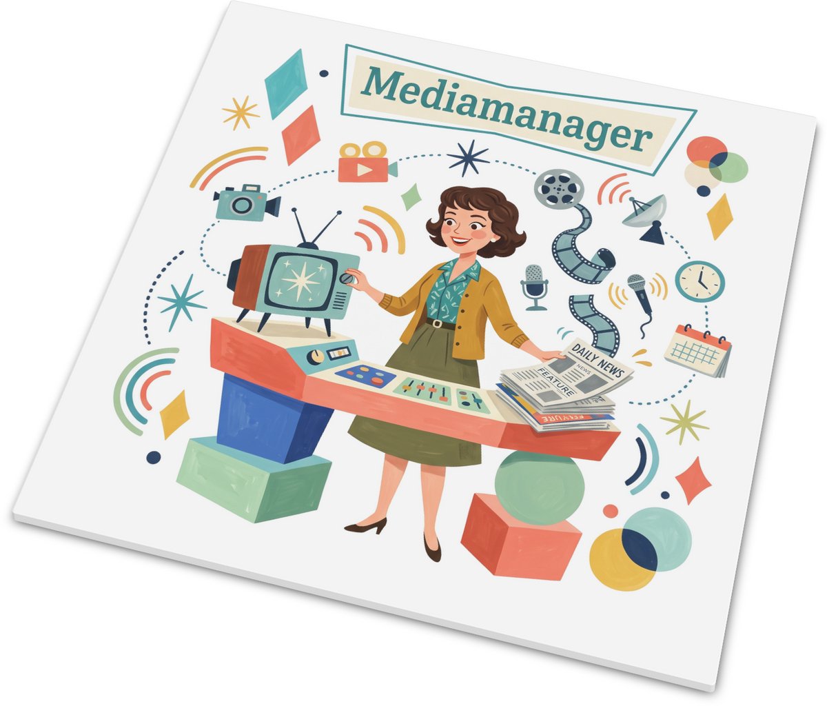 Mediamanager Beroep Tegeltje Mat Keramiek Cadeau Retro Gouache Media en Communicatie Illus