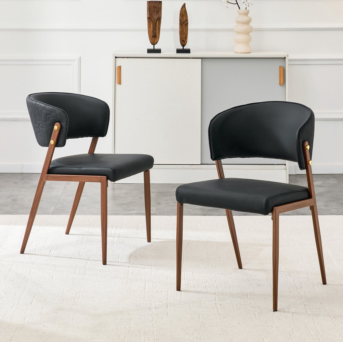 OKWISH Eetkamerstoel – Ergonomische Rugleuning – Set Van 2 – Kunstleer – Modern – Zwart – Voor Eetkamer, Keuken, Woonkamer Of Kantoor