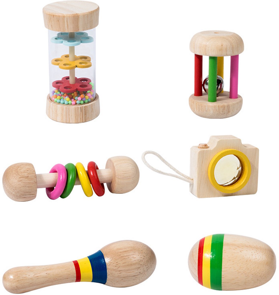 6-delige Montessori houten rammelaarset - Houten speelgoed, Montessori sensorisch speelgoed, muziekinstrument cadeau voor jongens en meisjes, kinderverjaardagscadeau