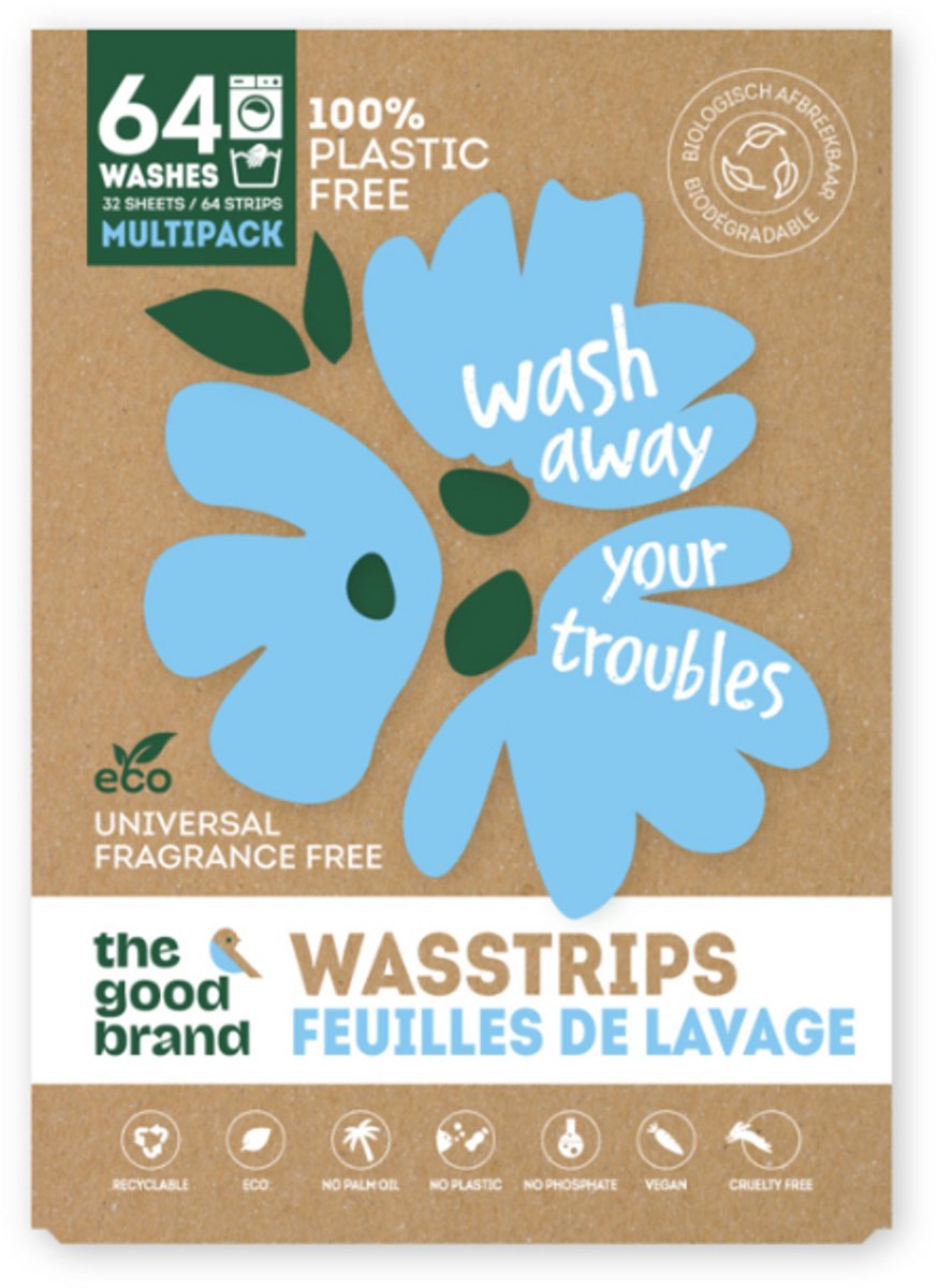 Bol.com The Good Brand Wasstrips Scent free 64 st - plasticvrij, vegan, voor gevoelige huid, fosfaatvrij, palmolievrij, biologis... aanbieding