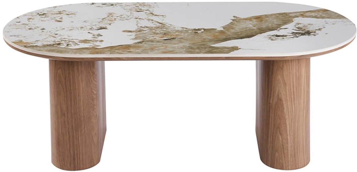 Rousseau Evora Salontafel – 120 x 60 cm – Glanzend Stenen Blad met Goudbruine Marmerlook – Afgerond Design Wit|Bruin