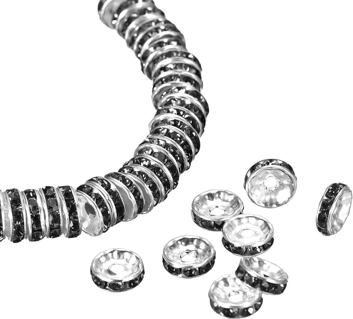 200 stuks 6 mm rondelle spacer-kralen, verzilverde strass spacer-kralen, ronde spacer-kralen, losse kralen voor doe-het-zelf armbanden, halskettingen, sieraden maken, zwart