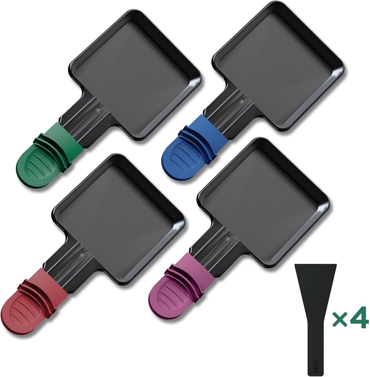 4 stuks mini-raclette-pannen, anti-aanbak-gourmetplaat met 4 nylon spatels, universele maat in 4 kleuren, anti-verbrandingsvrije handgrepen, vierkante gourmetpannen voor gesmolten eieren