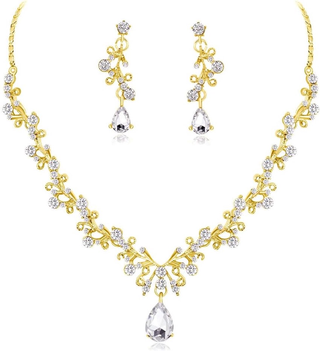 Sieradenset voor dames, glinsterende kristallen, bruiloft, sieradenset, halsketting, oorbellen, set met strass, bruid, bruidsmeisje, sieradenset, bruidssieraden voor vrouwen, voor verloving en