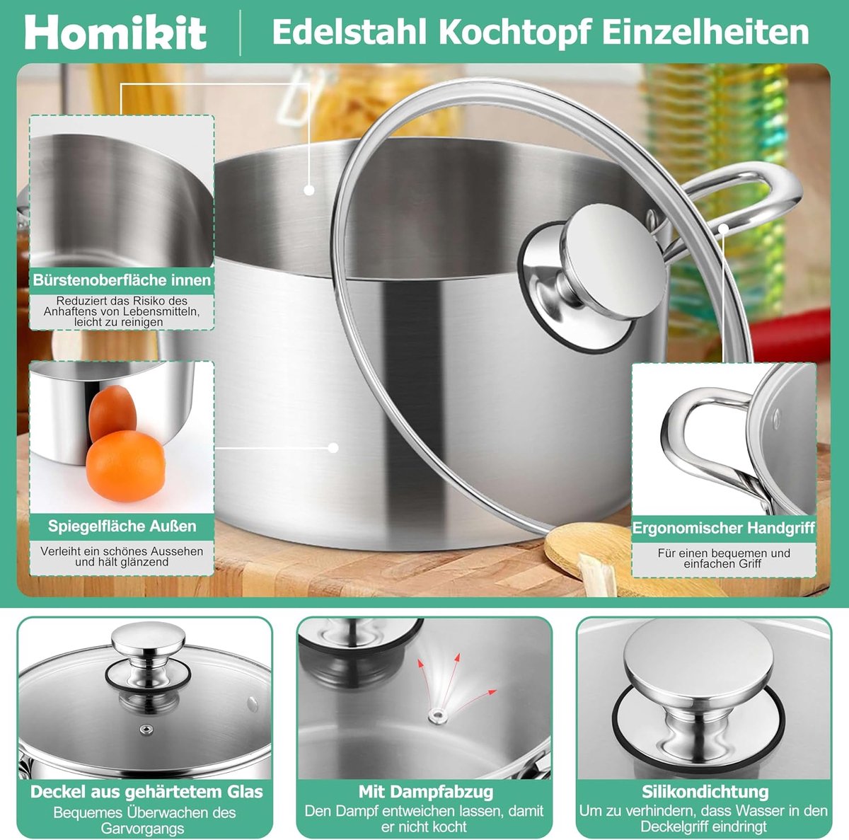 Kookpan, 24 cm, 5,3 l, grote soeppan, inductie van 3-laags roestvrij staal, voor alle soorten fornuizen, gepolijst roestvrij staal, pastoepan, vleespan met glazen deksel